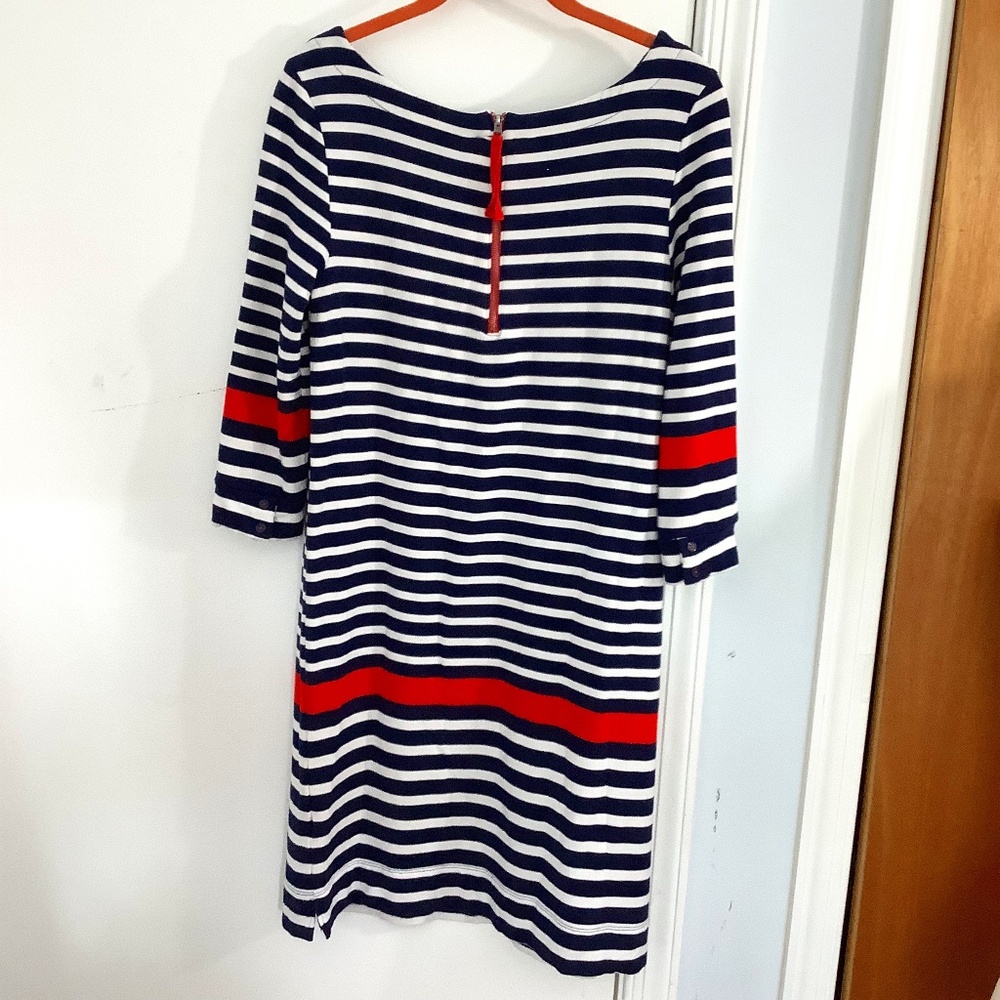 DALIA SHORT DRESS NAVY WHITE STRIPES SIZE SMALL RED ACCENT NAUTICAL BOAT BEACH